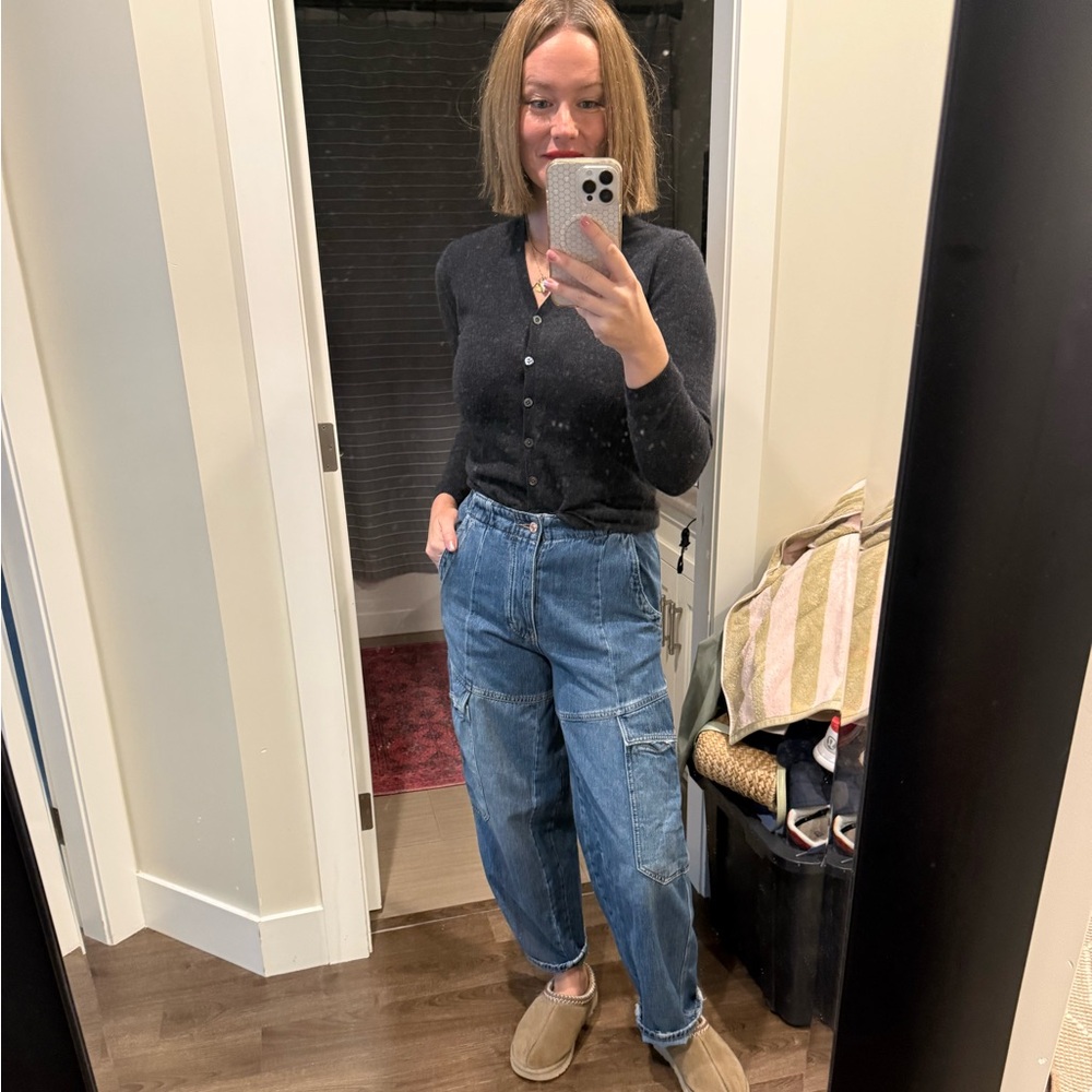 Free people barrel cargo xs back elastic waist Blue Denim Cargo Jeans